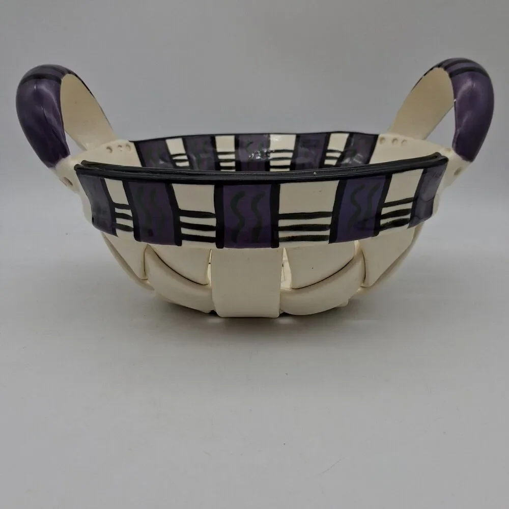 Rina Peleg Signed Pottery Basket Bowl-Hand Decorated Riveted Design 11 3/8